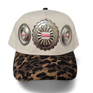 Concho Trucker Hat With Pink Sticking Beige and Leopard